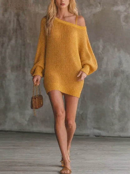 Off‑Shoulder Oversized Knit Dress Women Loose Lantern Sleeve Sweater Mini Dress - Yellow / S