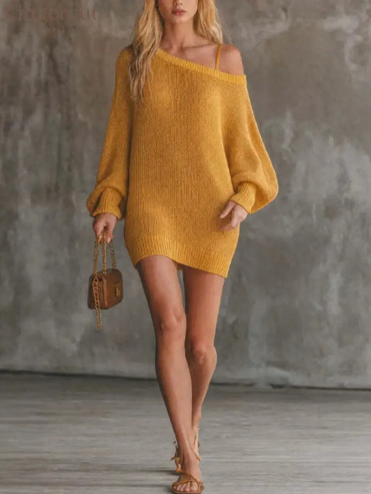 Off‑Shoulder Oversized Knit Dress Women Loose Lantern Sleeve Sweater Mini Dress - Yellow / S