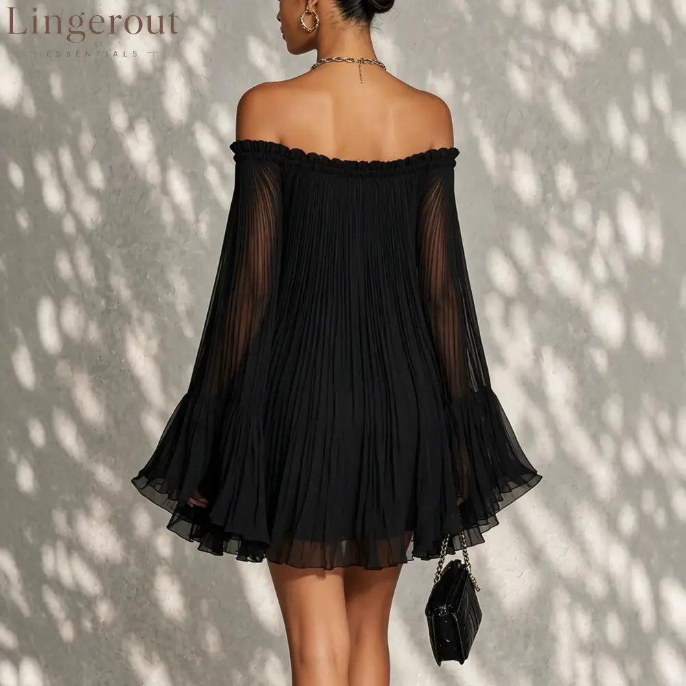 Off‑Shoulder Pleated Chiffon Bell‑Sleeve Mini Dress