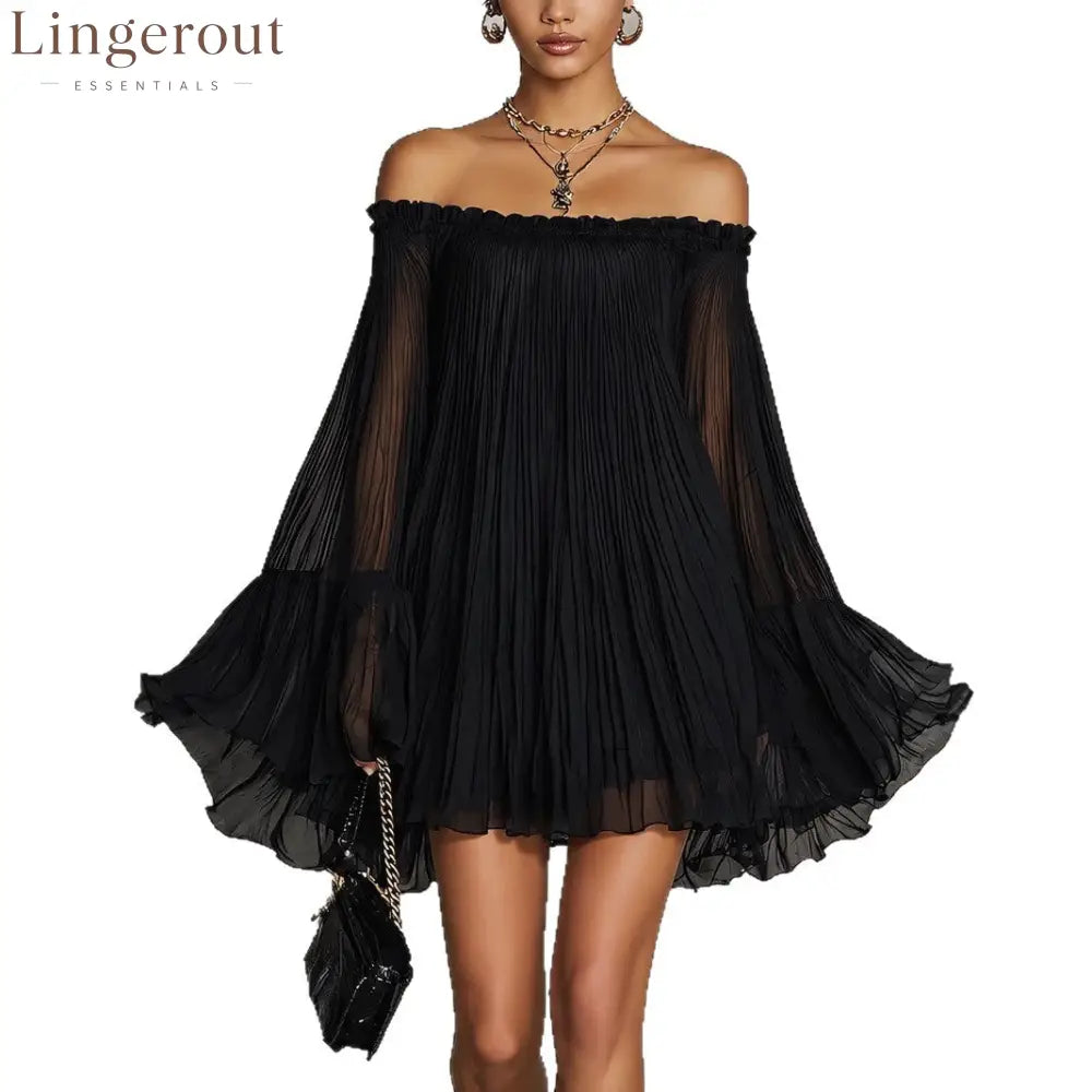 Off‑Shoulder Pleated Chiffon Bell‑Sleeve Mini Dress