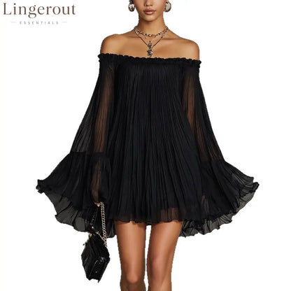 Off‑Shoulder Pleated Chiffon Bell‑Sleeve Mini Dress