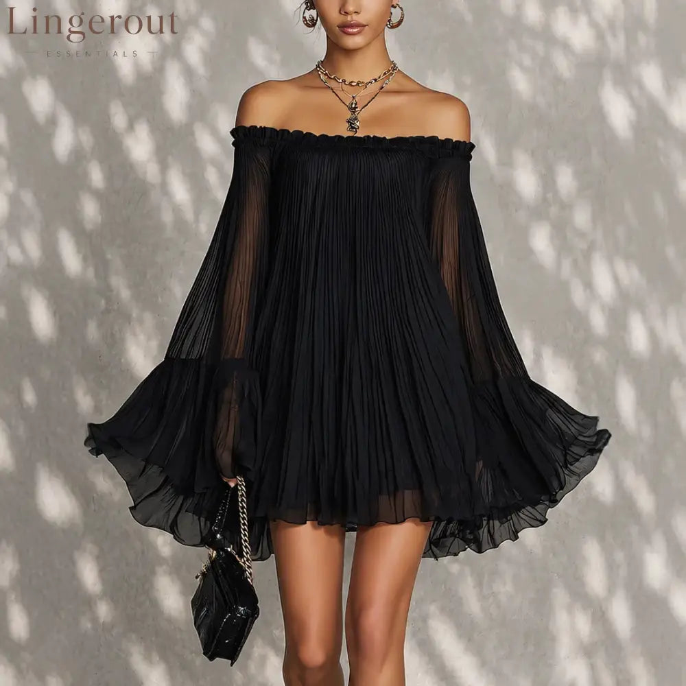 Off‑Shoulder Pleated Chiffon Bell‑Sleeve Mini Dress