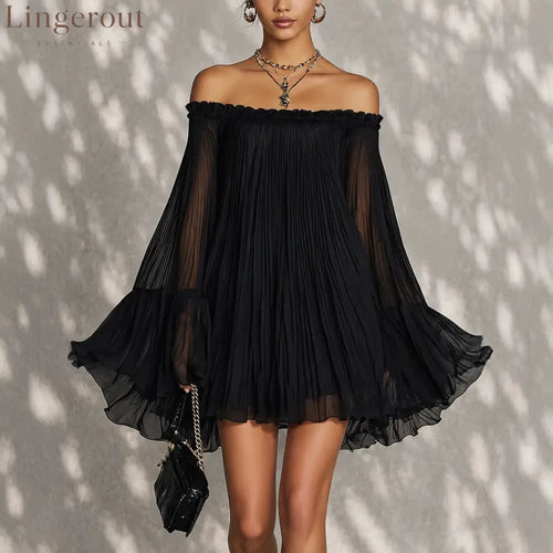Off‑Shoulder Pleated Chiffon Bell‑Sleeve Mini Dress