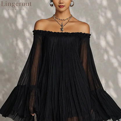 Off‑Shoulder Pleated Chiffon Bell‑Sleeve Mini Dress