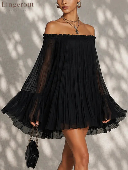Off‑Shoulder Pleated Chiffon Bell‑Sleeve Mini Dress - Black / S