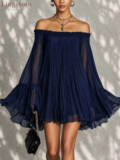 Off‑Shoulder Pleated Chiffon Bell‑Sleeve Mini Dress - Blue / S