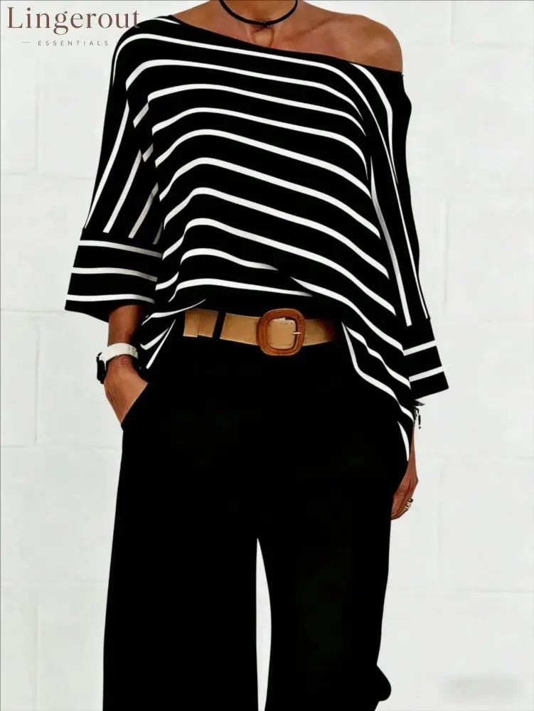 Off-Shoulder Striped Asymmetric Top - Black / S