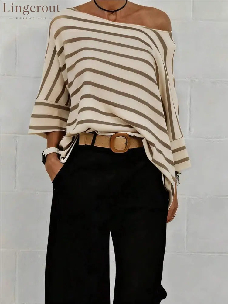 Off-Shoulder Striped Asymmetric Top - Khaki / S