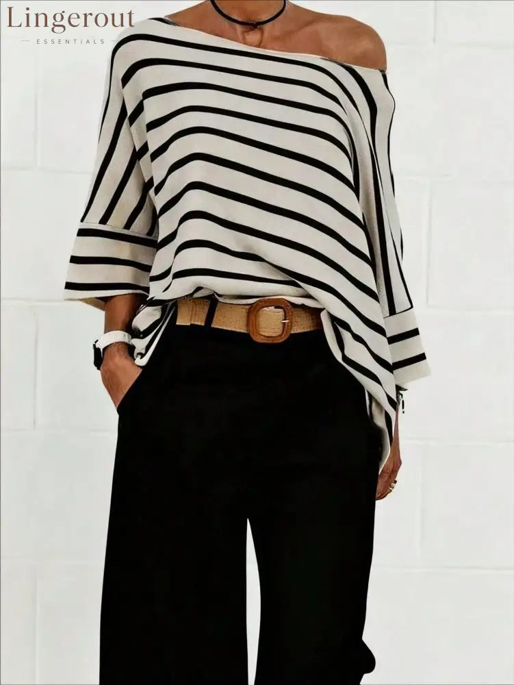 Off-Shoulder Striped Asymmetric Top - Off-white / S
