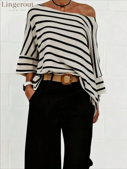 Off-Shoulder Striped Asymmetric Top - Off-white / S
