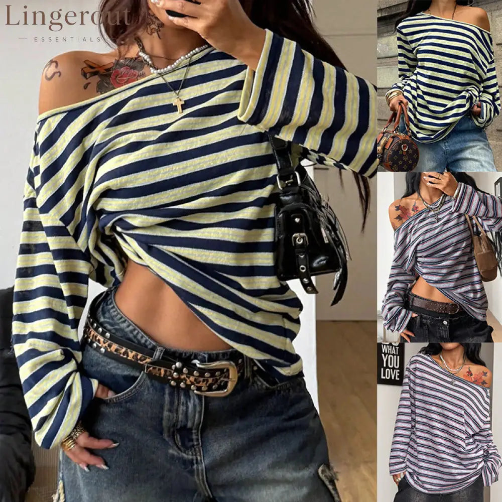 Off-Shoulder Striped Long Sleeve Top