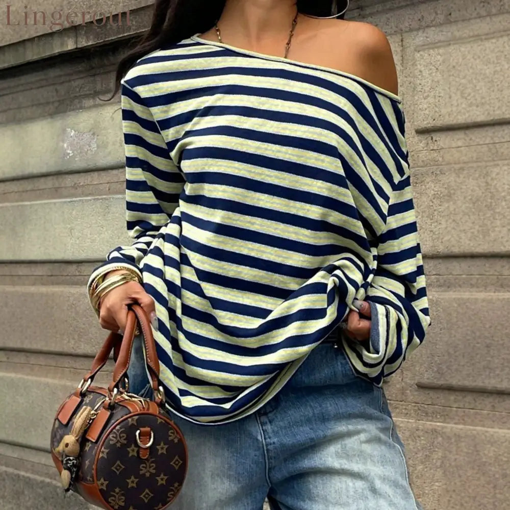 Off-Shoulder Striped Long Sleeve Top