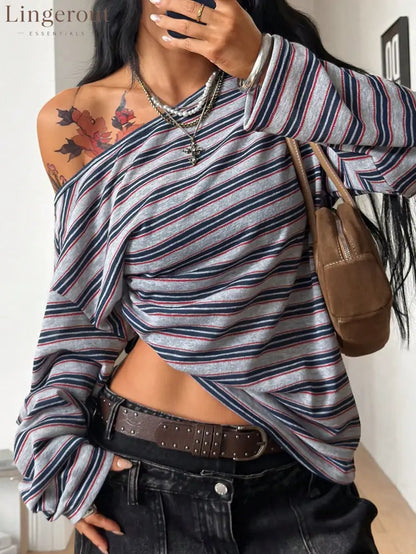 Off-Shoulder Striped Long Sleeve Top - Gray / S