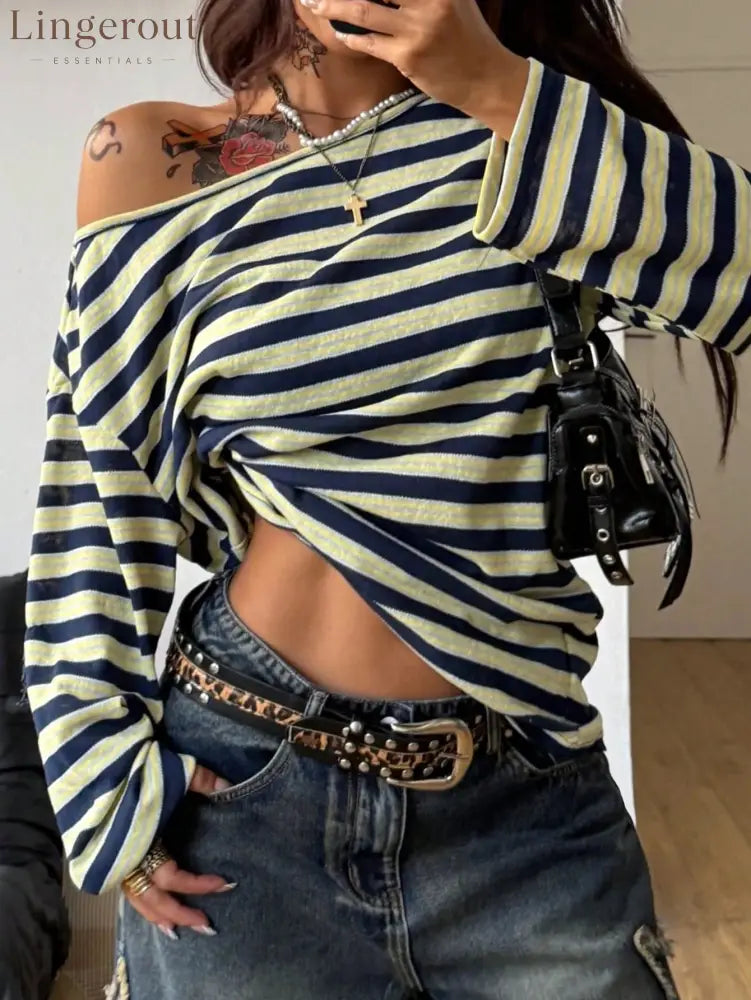 Off-Shoulder Striped Long Sleeve Top - Navy / S