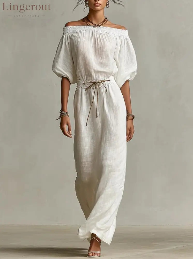Off‑The‑Shoulder Linen‑Blend Maxi Dress