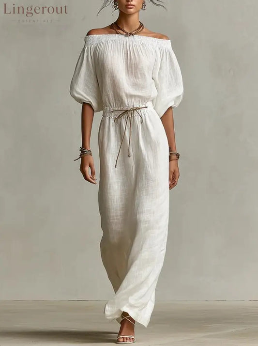 Off‑The‑Shoulder Linen‑Blend Maxi Dress