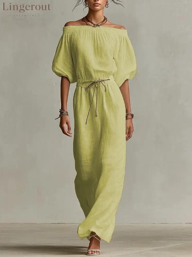 Off‑The‑Shoulder Linen‑Blend Maxi Dress - Light green / S