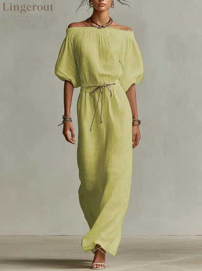 Off‑The‑Shoulder Linen‑Blend Maxi Dress - Light green / S