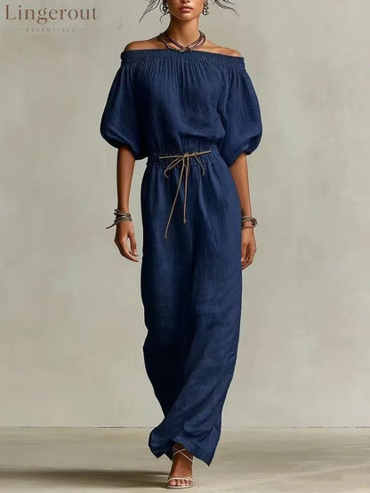 Off‑The‑Shoulder Linen‑Blend Maxi Dress - Navy blue / S