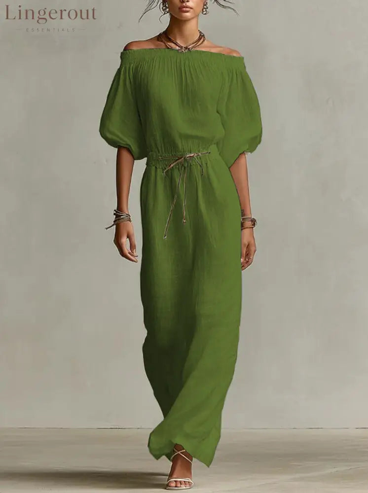 Off‑The‑Shoulder Linen‑Blend Maxi Dress - Olive / S