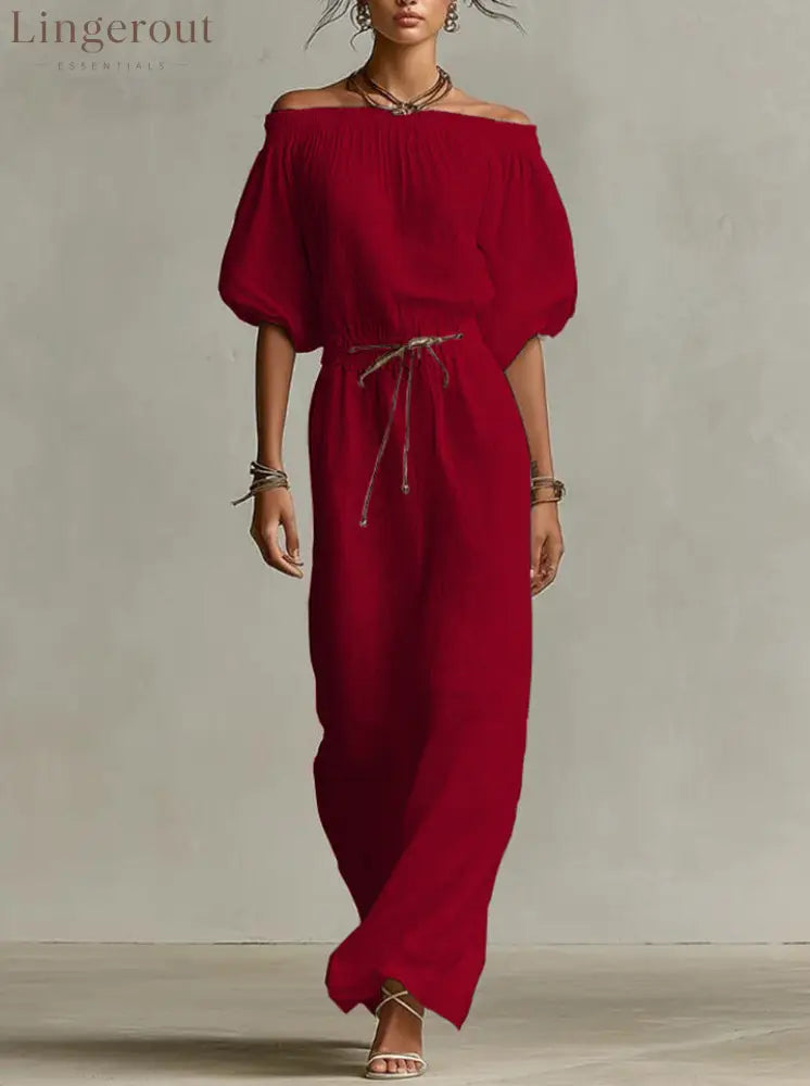 Off‑The‑Shoulder Linen‑Blend Maxi Dress - Red / S