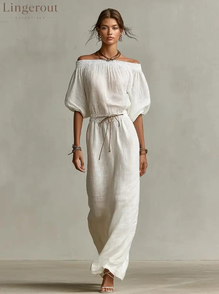 Off‑The‑Shoulder Linen‑Blend Maxi Dress - White / S
