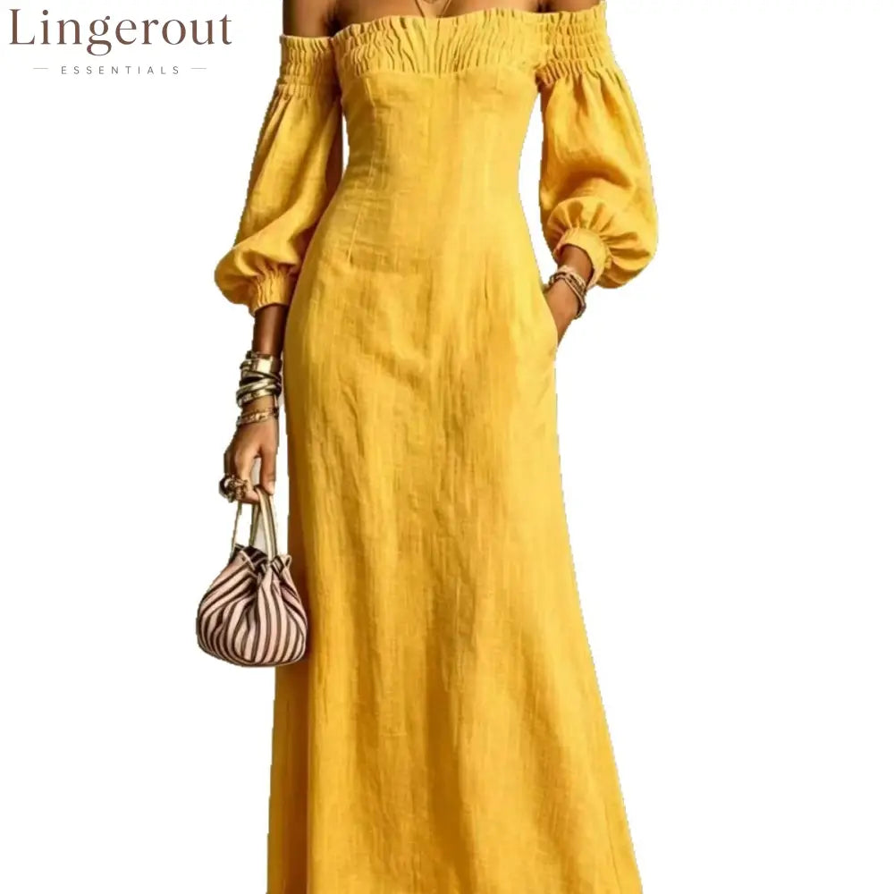Off‑The‑Shoulder Puff‑Sleeve Linen‑Blend Maxi Dress