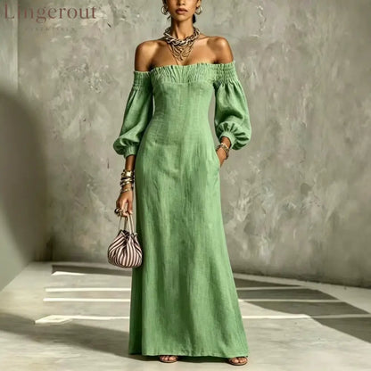 Off‑The‑Shoulder Puff‑Sleeve Linen‑Blend Maxi Dress - army green / S