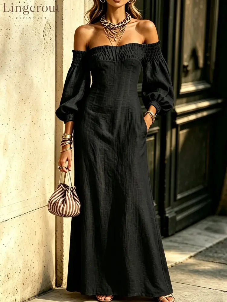 Off‑The‑Shoulder Puff‑Sleeve Linen‑Blend Maxi Dress - black / S
