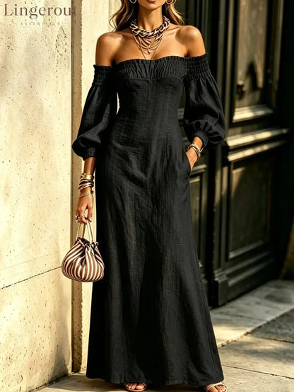 Off‑The‑Shoulder Puff‑Sleeve Linen‑Blend Maxi Dress - black / S