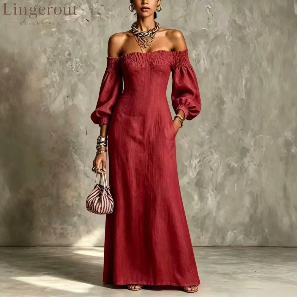 Off‑The‑Shoulder Puff‑Sleeve Linen‑Blend Maxi Dress - burgundy / S