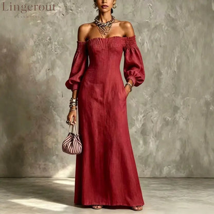 Off‑The‑Shoulder Puff‑Sleeve Linen‑Blend Maxi Dress - burgundy / S
