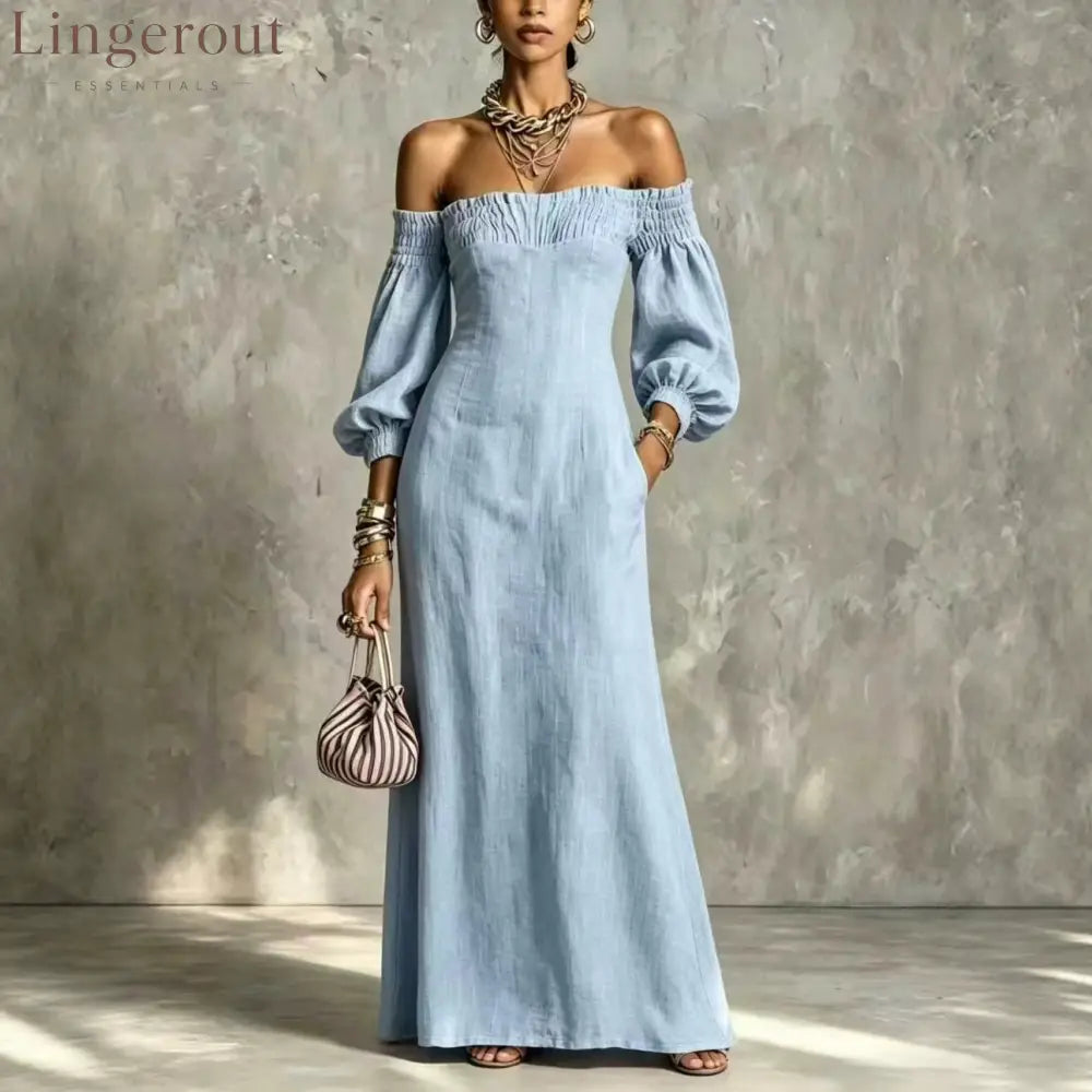 Off‑The‑Shoulder Puff‑Sleeve Linen‑Blend Maxi Dress - light‑blue / S