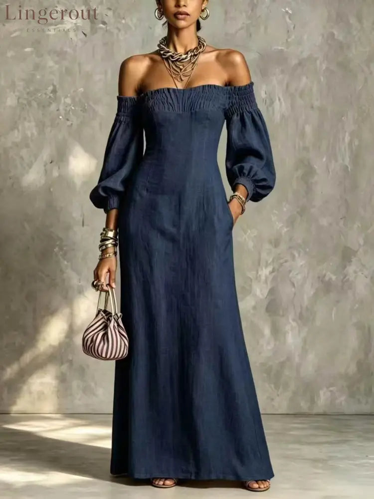 Off‑The‑Shoulder Puff‑Sleeve Linen‑Blend Maxi Dress - navy blue / S