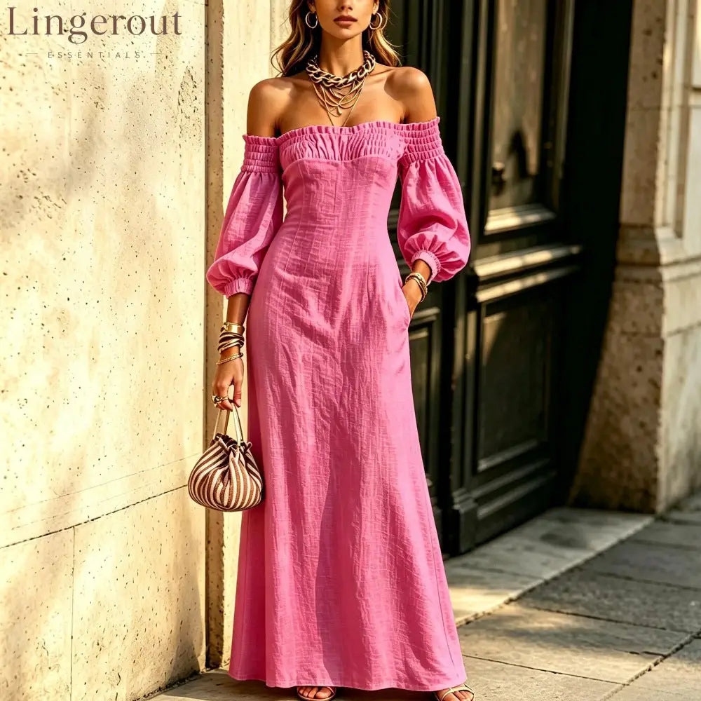Off‑The‑Shoulder Puff‑Sleeve Linen‑Blend Maxi Dress - pink / S
