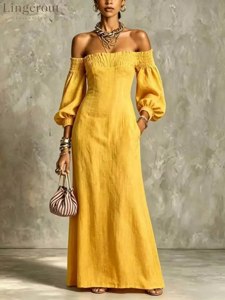 Off‑The‑Shoulder Puff‑Sleeve Linen‑Blend Maxi Dress - yellow / S
