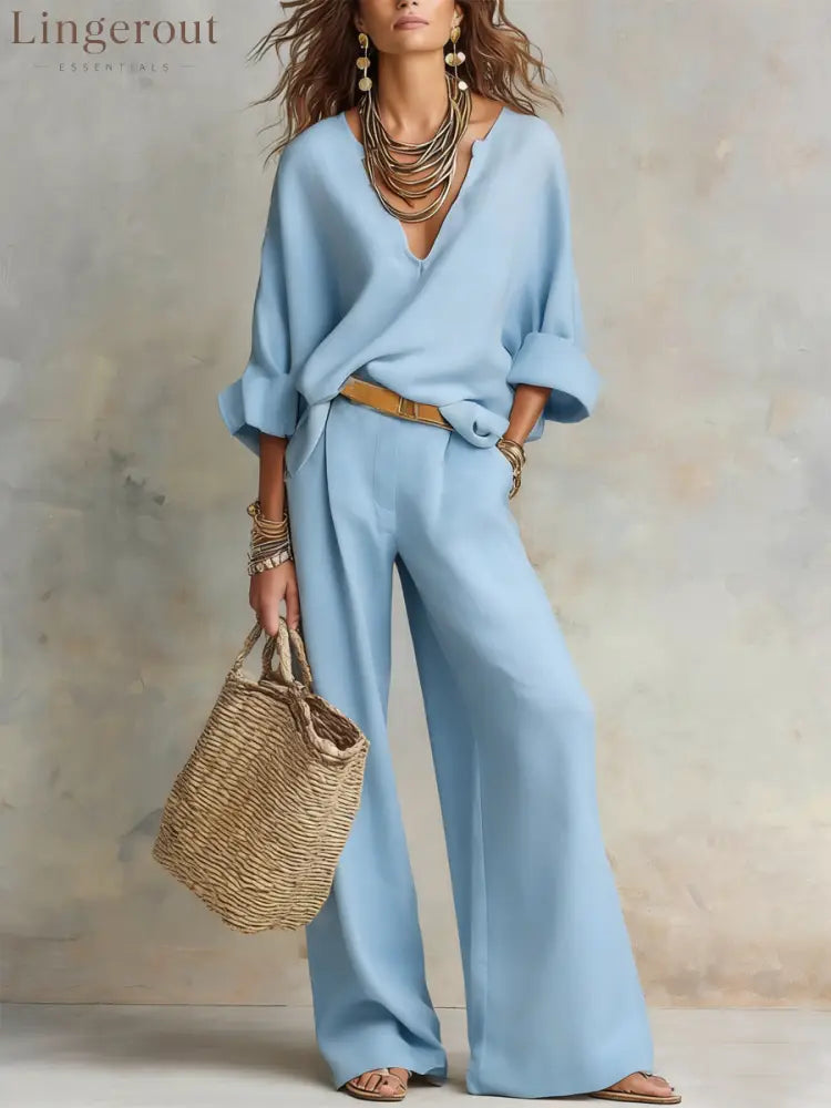 Off White Natural Linen Loose Fitting Resort Wear Set - Blue / XS