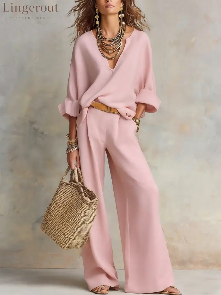 Off White Natural Linen Loose Fitting Resort Wear Set - Pink / XS