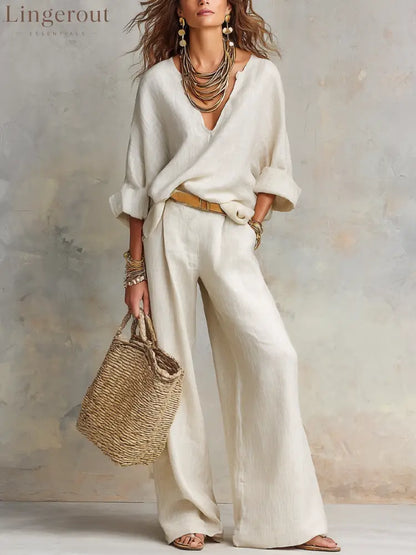 Off White Natural Linen Loose Fitting Resort Wear Set - Off White / XS