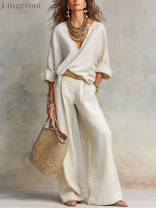 Off White Natural Linen Loose Fitting Resort Wear Set - Off White / XS