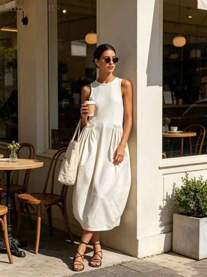 Off White Sleeveless Gathered Bubble Midi Dress - Sleeveless Midi Dress