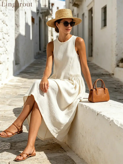 Off White Sleeveless Gathered Bubble Midi Dress - Sleeveless Midi Dress