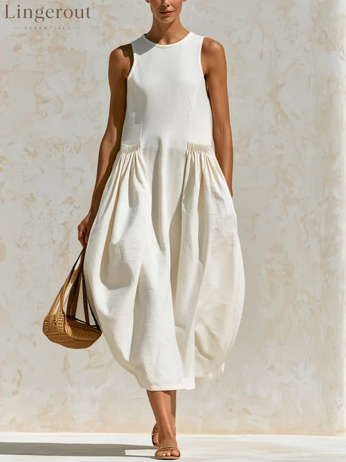Off White Sleeveless Gathered Bubble Midi Dress - WHITE / XS - Sleeveless Midi Dress