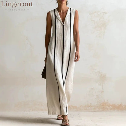 Off‑White Vertical Contrast Piping Linen Maxi Dress
