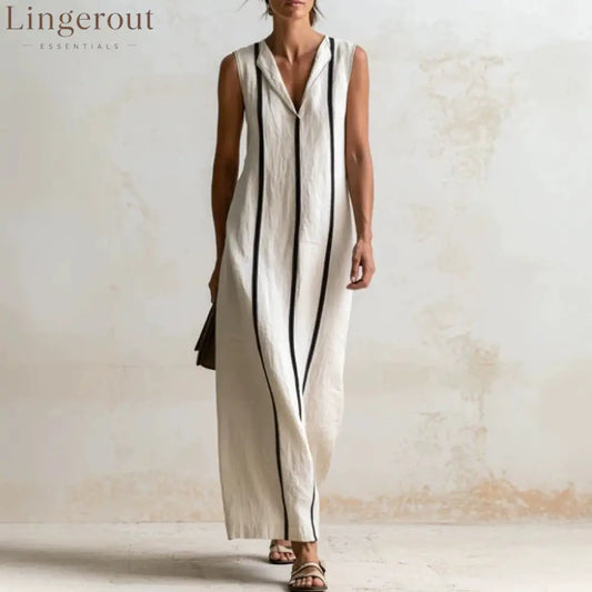 Off‑White Vertical Contrast Piping Linen Maxi Dress