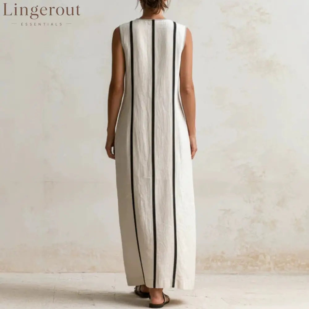 Off‑White Vertical Contrast Piping Linen Maxi Dress