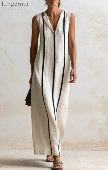 Off‑White Vertical Contrast Piping Linen Maxi Dress - off‑white / S