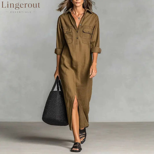 Olive Brown Linen Half Button Cargo Pocket Shirt Midi Dress