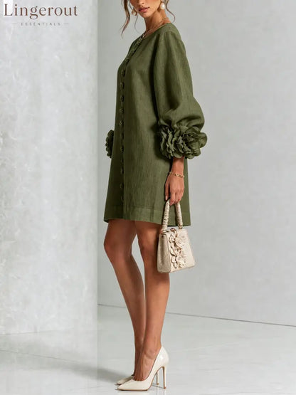 Olive Floral Button-down Mini Dress With Striking Floral Cuffs