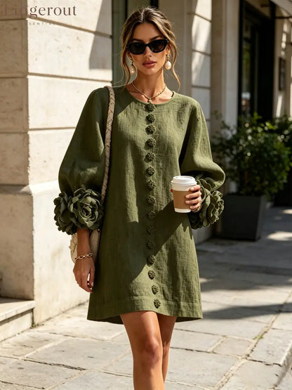 Olive Floral Button-down Mini Dress With Striking Floral Cuffs